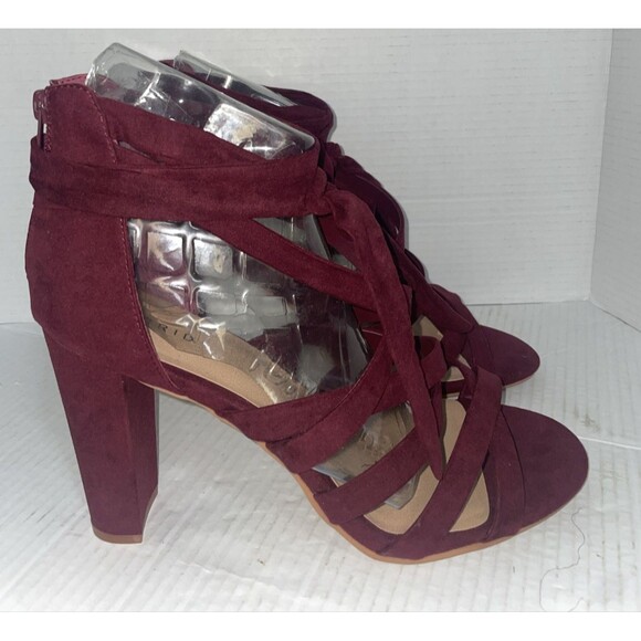 Torrid Sandals Women’s 13 Burgundy Faux Suede Open Toe Lace Up Block Heel Zip Up - Picture 1 of 14